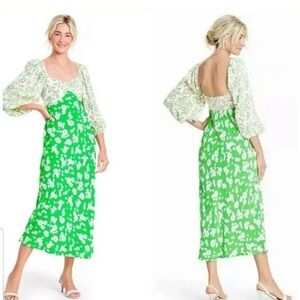 RIXO × TARGET Daisy Print 3/4 puffy Sleeve Swing midi Dress 10 green Boho flowy